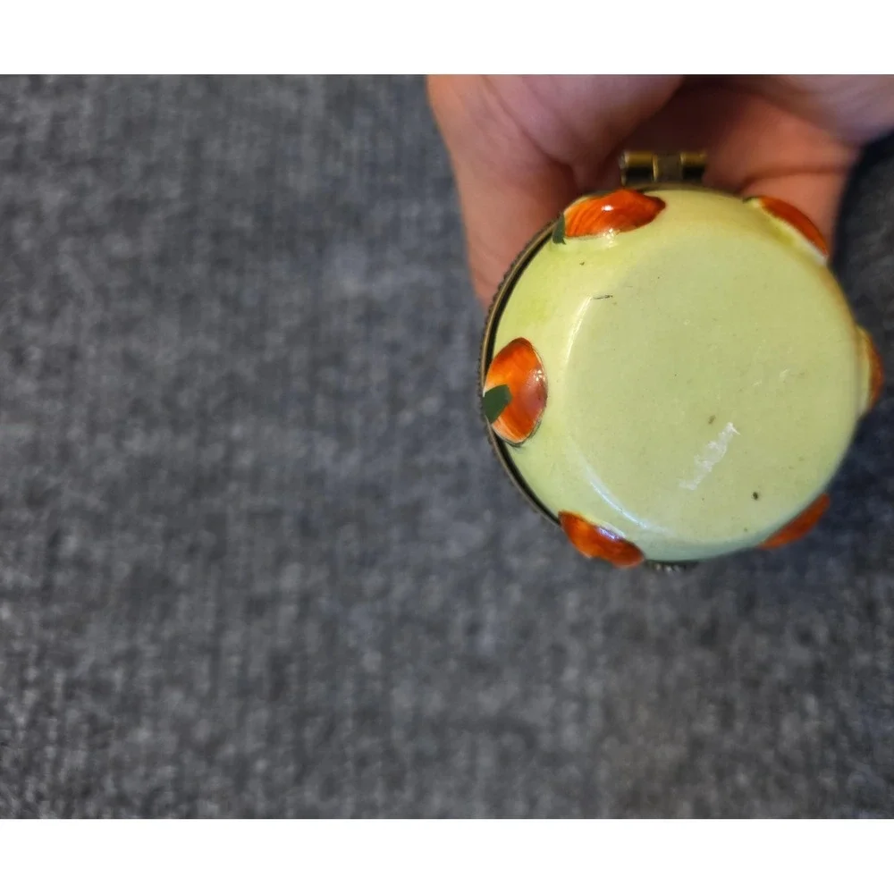 Rabbit Carrot Porcelain Round Trinket Box Small Hinged Metal Lid Figural Decor